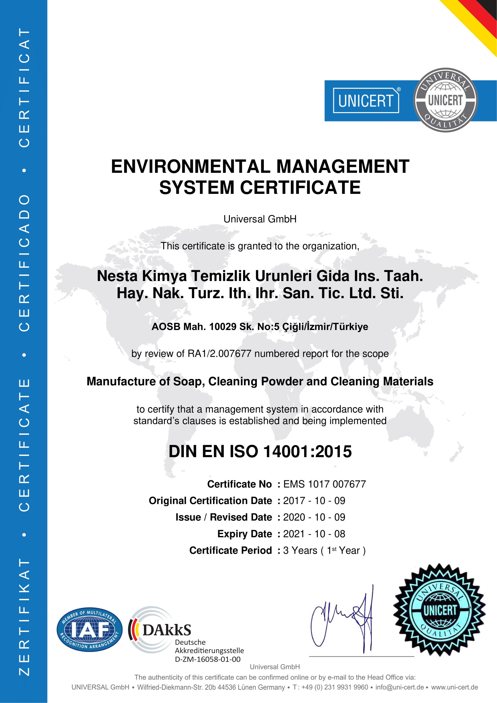  ENVIRONMENTAL MANAGEMENT SYSTEM CERTİFİCATE